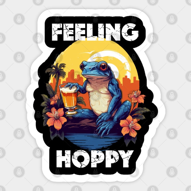 Coqui Frog Holding a Beer - Feeling Hoppy (White Lettering) Sticker by VelvetRoom